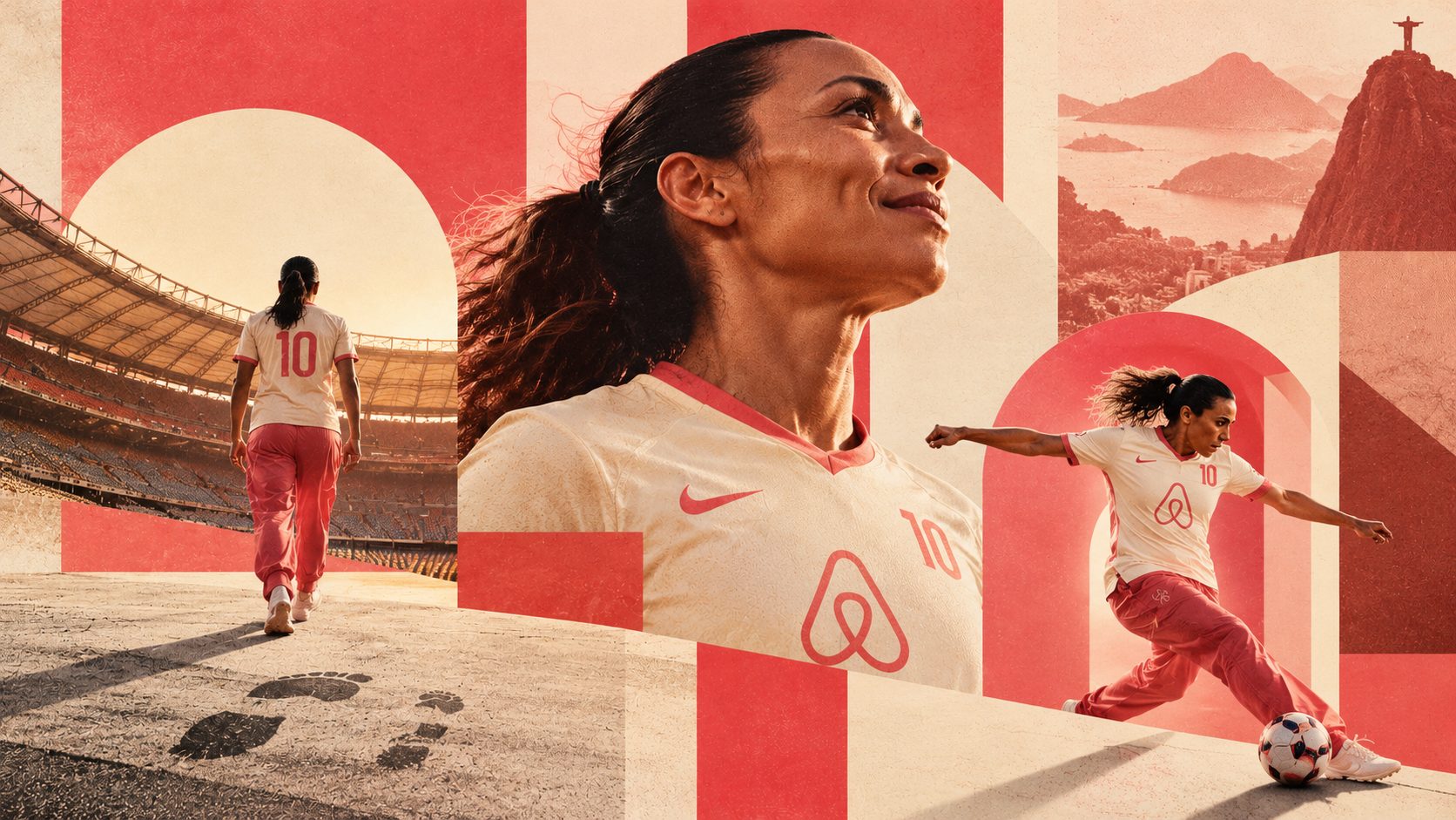 Ilustração do tratamento: Marta com a camisa 10 do Airbnb no Maracanã, entre arcos, o Cristo Redentor e o Pão de Açúcar