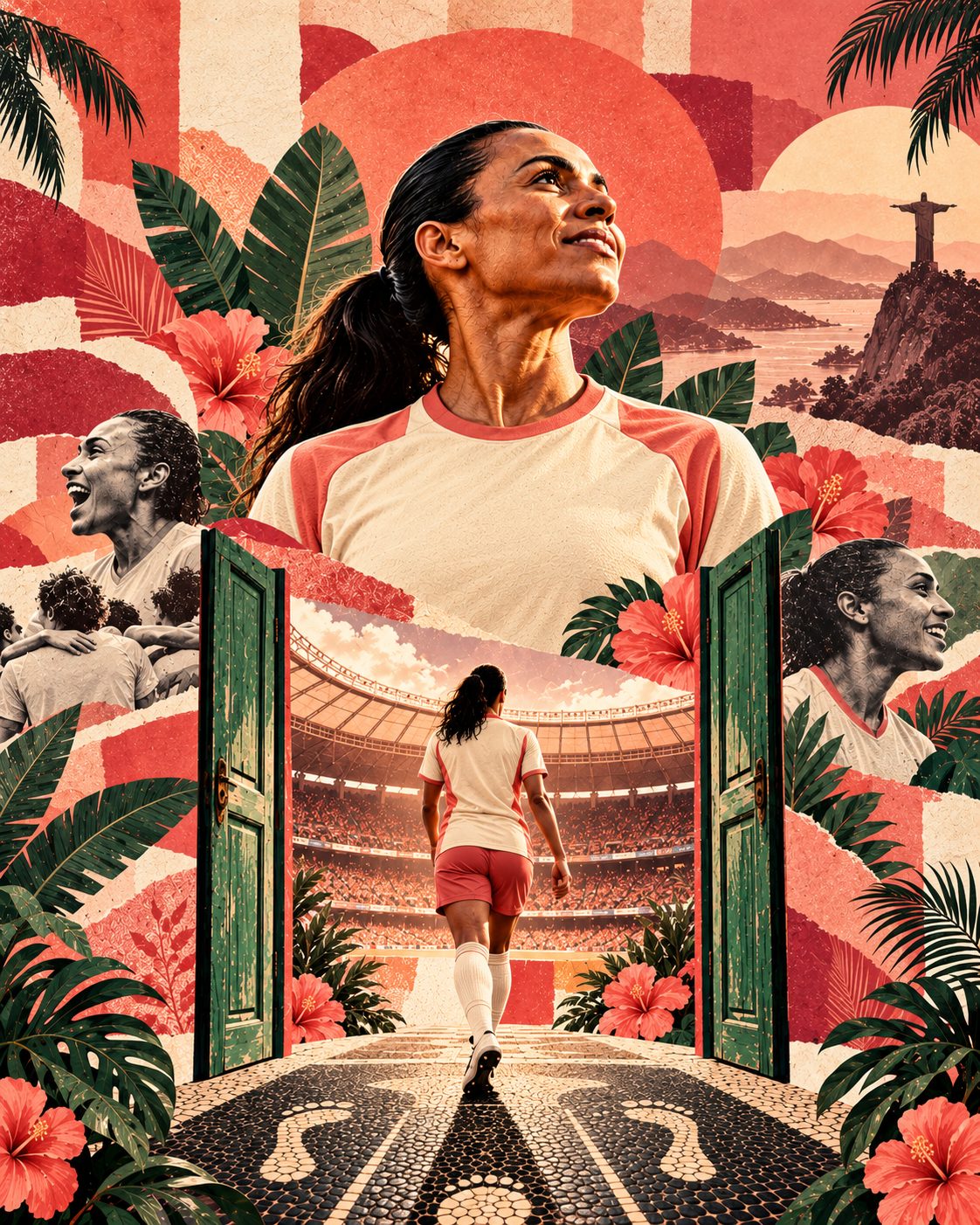 Cartaz do tratamento: Marta abre as portas, com retratos de outras jogadoras e o calçadão ao fundo