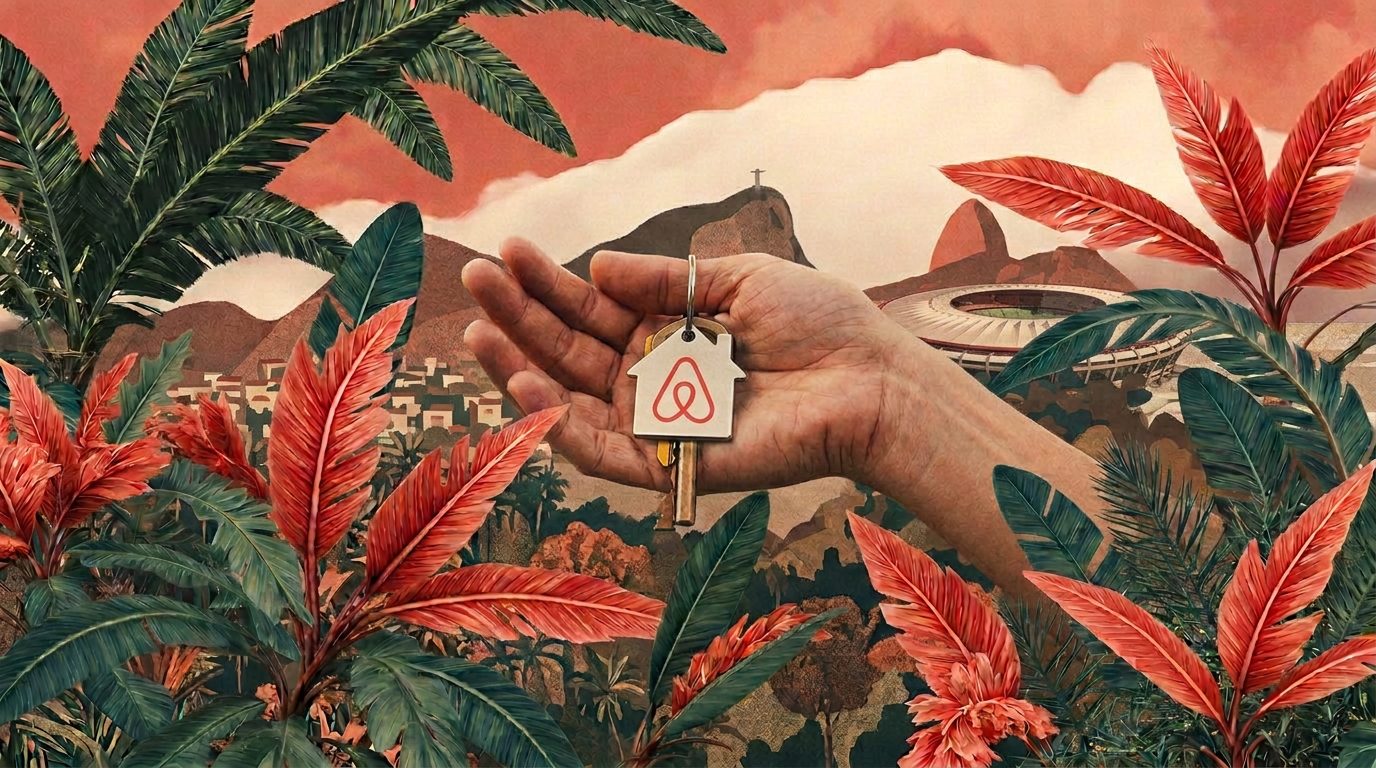 Ilustração: mão segurando a chave com o chaveiro do Airbnb, entre folhagens, com o Maracanã e o Cristo ao fundo