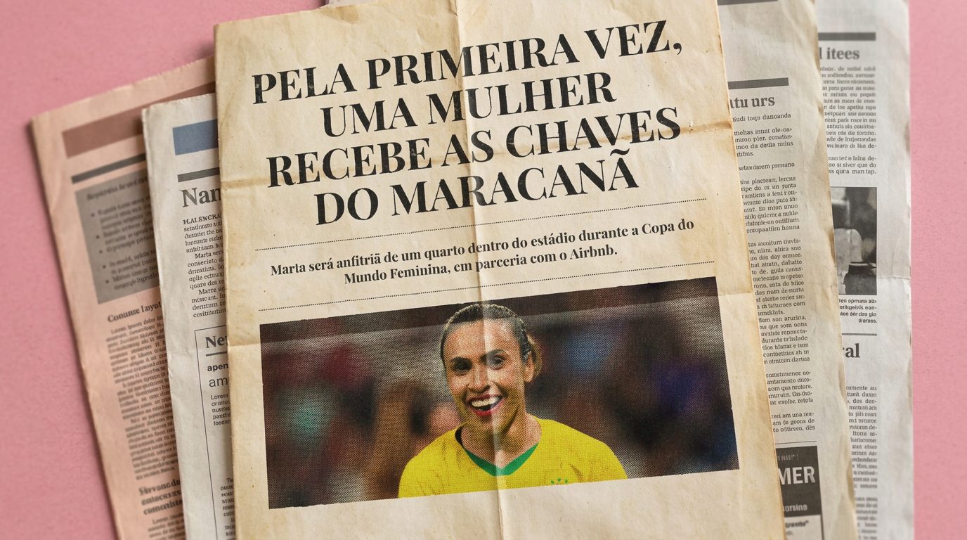 Manchete de jornal: Pela primeira vez, uma mulher recebe as chaves do Maracanã. Marta será anfitriã de um quarto dentro do estádio durante a Copa do Mundo Feminina, em parceria com o Airbnb.