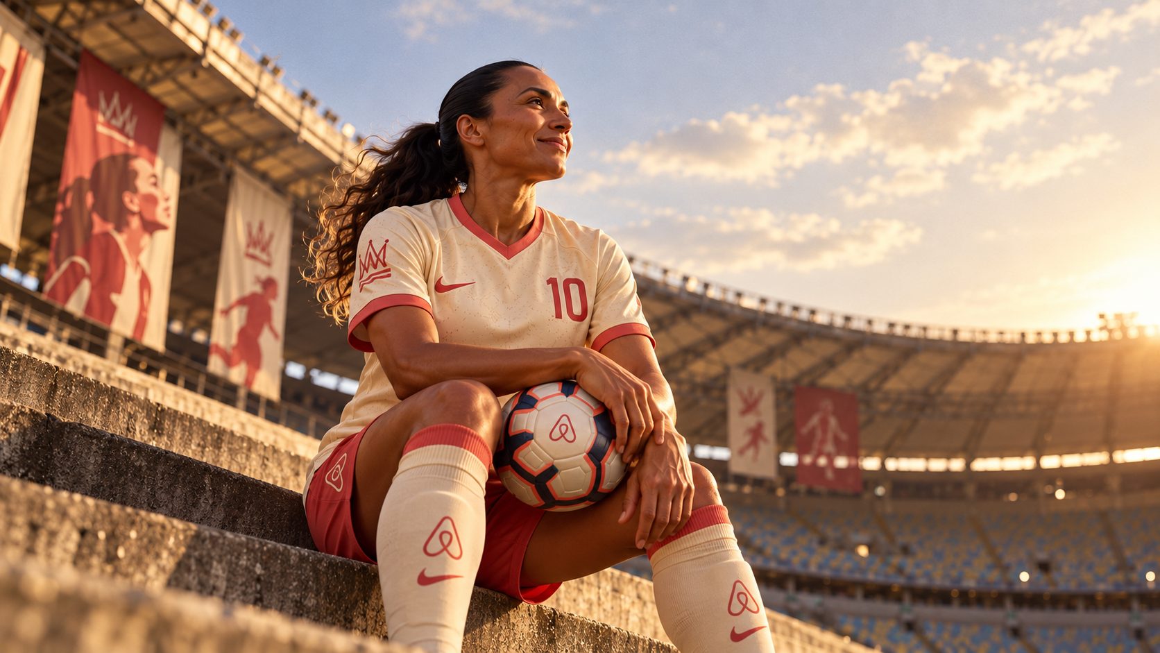 Marta sentada na arquibancada do Maracanã com a bola, vestindo o uniforme do Airbnb