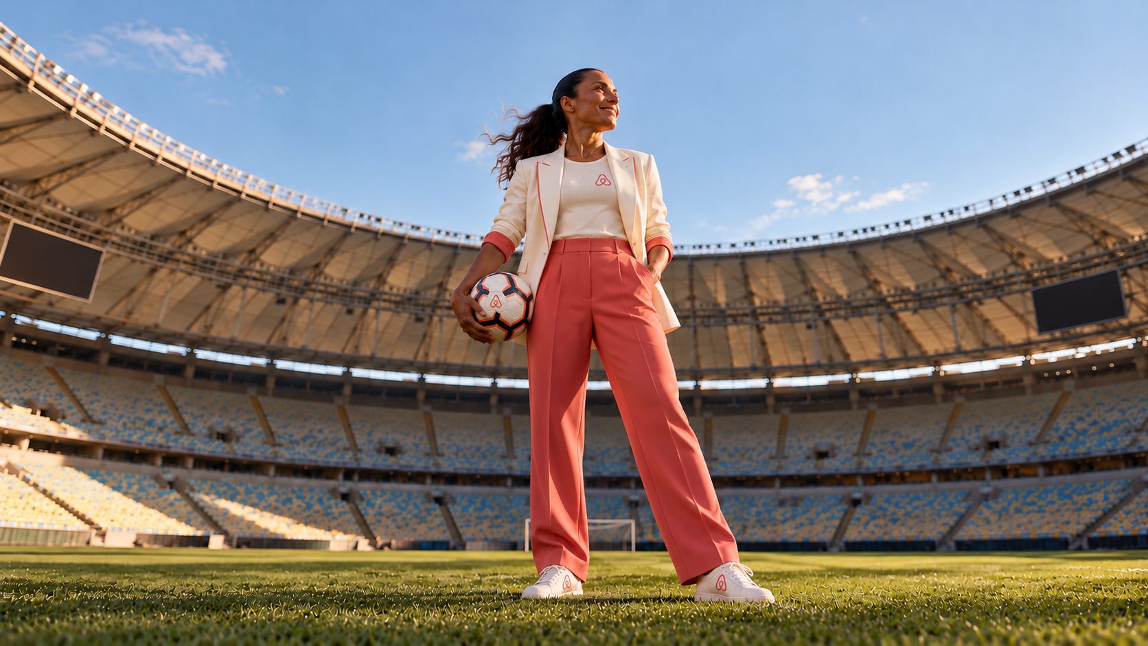 Marta de pé no gramado do Maracanã, com a bola na mão