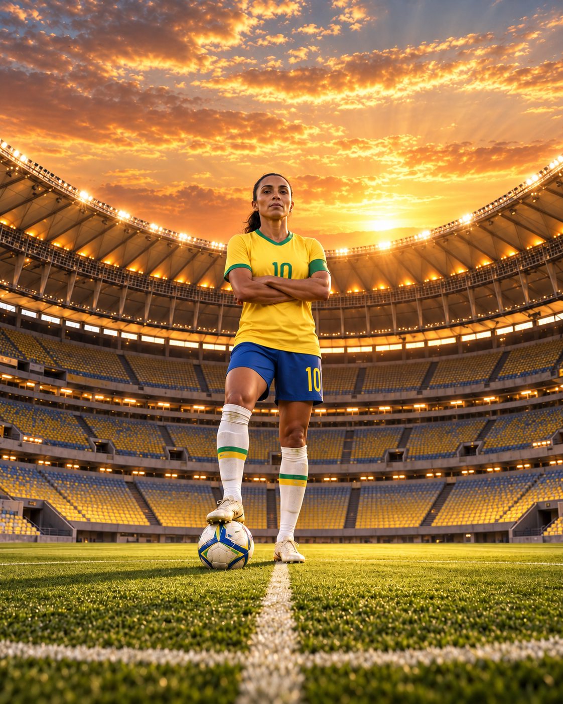 Marta com a camisa da seleção no gramado do Maracanã ao pôr do sol
