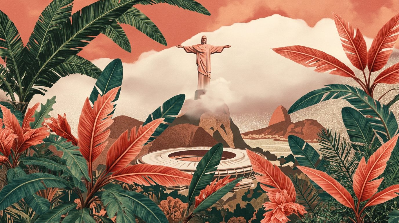 Ilustração do Rio de Janeiro com o Cristo Redentor, o Maracanã e folhagens tropicais
